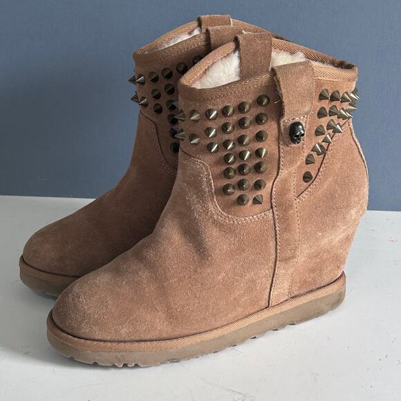 Ash‎ boots women's size 9.5 shearling leather skull studded Yahoo wedge brown - Picture 6 of 16